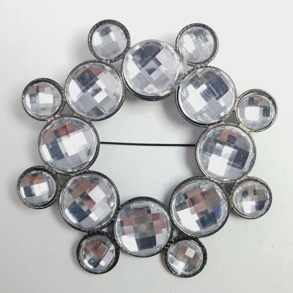 Vintage Large Silver Tone Rhinestone Circle Shape Brooch, Statement Sparkle - Picture 5 of 6